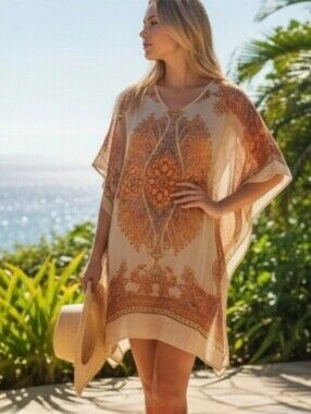 Love Chesley Boho Sheer Kaftan Dress Ornate Paisley Size S